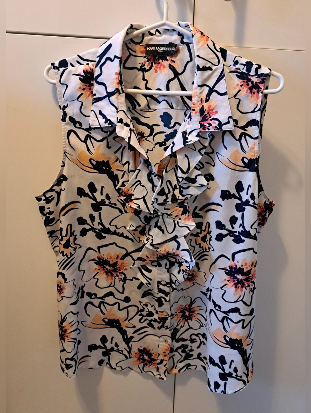 Karl Lagerfeld White Floral Ruffle Sleeveless Top with Navy and Peach Accents